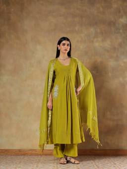 DEVRI - Olive Ishani Mul Chanderi Anarkali with Pant and Dupatta