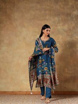 DEVRI - Teal Mira Russian Silk Kurta with Palazzo and Dupatta