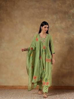DEVRI - Green Vanya Mul Chanderi Anarkali with Pant and Dupatta