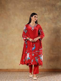 DEVRI - Red Noor Natural Crepe Kurta with Palazzo and Dupatta