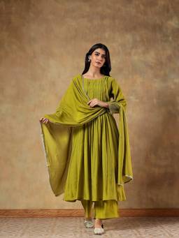 DEVRI - Olive Aaral Mul Chanderi Anarkali with Pant and Dupatta