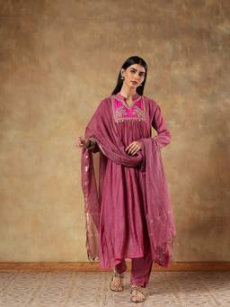 DEVRI - Mauve Ira Mul Chanderi Anarkali with Pant and Dupatta