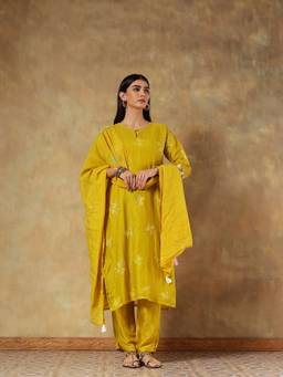 DEVRI - Mustard Kaisha Mul Chanderi Anarkali with Pant and Dupatta