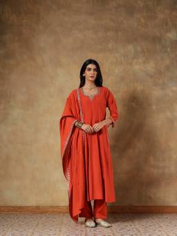 DEVRI - Orange Aarushi Silk Hand-Embroidered Anarkali with Pant and Dupatta