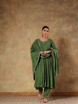 DEVRI - Olive Aarvi Crepe Silk Anarkali with Pant and Dupatta