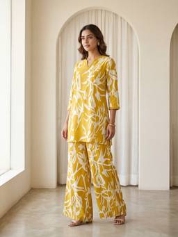 DEVRI - Saumya Cotton Printed Mustard Kurta with Pant