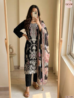 DEVRI - Black Meher Pure Mul Cotton Embroidered Kurta with Pant and Dupatta