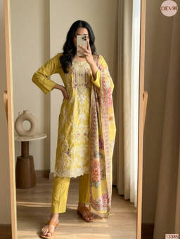 DEVRI - Yellow Gulnaar Pure Mul Cotton Embroidered Kurta with Pant and Dupatta