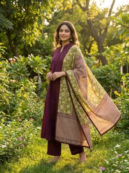 DEVRI - Wine Gulnaar Pure Cotton Printed Kurta with Pant and Dupatta