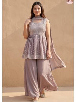 DEVRI - Mauve Meher Georgette Embroidered Kurta with Palazzo and Dupatta