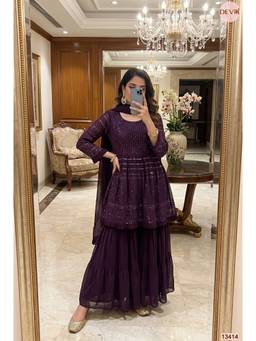 DEVRI - Wine Meher Georgete Embroidered Kurta with Sharara and Dupatta