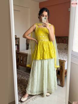 DEVRI - Green Gulnaar Georgete Embroidered Kurta with Sharara and Dupatta