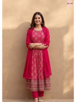 DEVRI - Pink Gulnaar Georgete Printed Anarkali with Pant and Dupatta