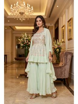 DEVRI - Green Gulnaar Georgete Embroidered Kurta with Sharara and Dupatta