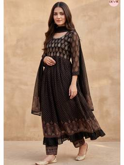 DEVRI - Zareen Georgete Embroidered Black Anarkali with Pant