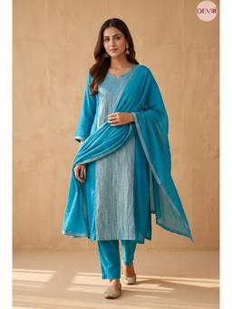 DEVRI - Neelambara Mul Chanderi Embroidered Blue Kurta with Pant and Dupatta
