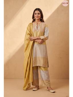 DEVRI - Vasanti Tissue Silk Embroidered Pastel Yellow Kurta with Pant and Dupatta