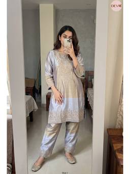 DEVRI - Lavender Meher Tissue Silk Embroidered Kurta with Pant