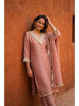 DEVRI - Rose Gold Gulnaar Tissue Crush Embroidered Kurta with Pant and Dupatta