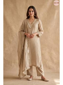 DEVRI - Zareen Tissue Crush Embroidered Beige Kurta with Pant and Dupatta
