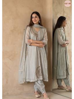DEVRI - Zarmina Tissue Crush Embroidered Sage Green Kurta with Salwar and Dupatta