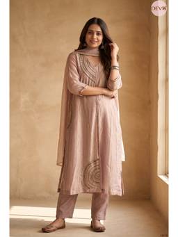 DEVRI - Pink Gulnaar Tissue Crush Embroidered Kurta with Pant and Dupatta