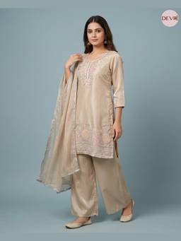 DEVRI - Beige Gulnaar Roman Glass Silk Embroidered Kurta with Palazzo and Dupatta