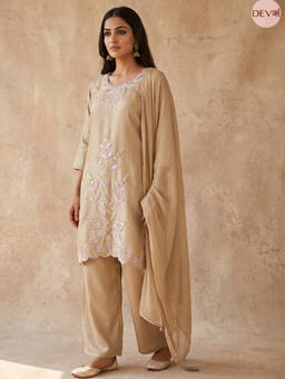 DEVRI - Zareen Roman Glass Silk Embroidered Gold Kurta with Salwar and Dupatta