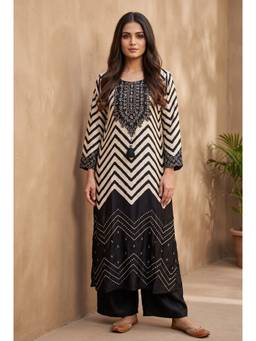 DEVRI - Zareen Pure Gajji Silk Embroidered Black Kurta with Palazzo