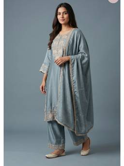 DEVRI - Blue Gulnaar Chinon Embroidered Dusty Kurta with Salwar and Dupatta