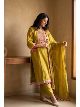 DEVRI - Olive Gulnaar Tissue Silk Embroidered Kurta with Pant and Dupatta