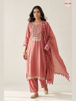 DEVRI - Rose Gold Gulnaar Tissue Silk Embroidered Kurta with Pant and Dupatta