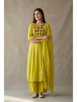 DEVRI - Green Gulnaar Mul Chanderi Embroidered Kurta with Pant and Dupatta