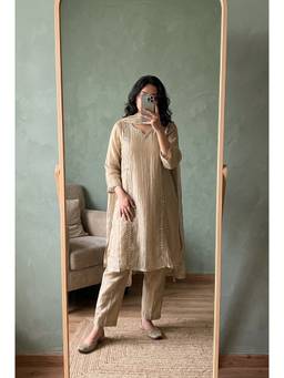 DEVRI - Zareen Tissue Crush Embroidered Gold Kurta with Salwar and Dupatta