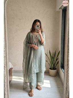 DEVRI - Zarmina Tissue Crush Silk Embroidered Sage Green Kurta with Salwar and Dupatta