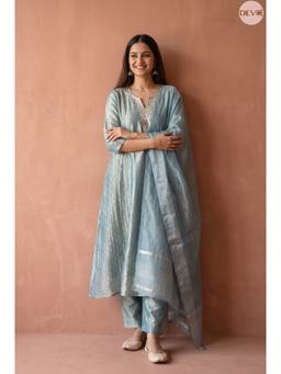 DEVRI - Zareen Tissue Crush Silk Embroidered Sea Green Kurta with Pant and Dupatta
