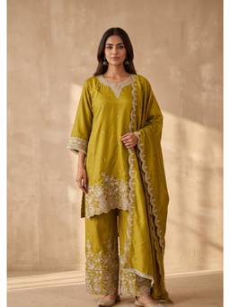 DEVRI - Zareen Silk Blend Embroidered Mustard Kurta with Palazzo and Dupatta