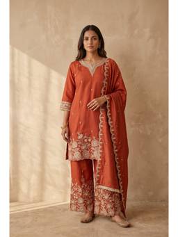 DEVRI - Zarmina Silk Blend Embroidered Rust Kurta with Dupatta and Palazzo