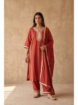 DEVRI - Surmayi Pure Mul Chanderi Embroidered Rust Kurta with Pant and Dupatta