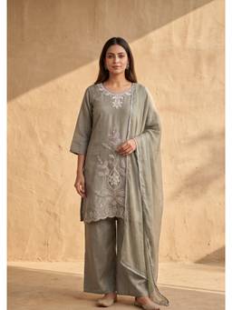 DEVRI - Zareen Tissue Silk Blend Embroidered Grey Kurta with Palazzo and Dupatta