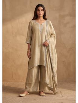 DEVRI - Zariya Crush Tissue Silk Embroidered Sage Green Kurta with Palazzo and Dupatta