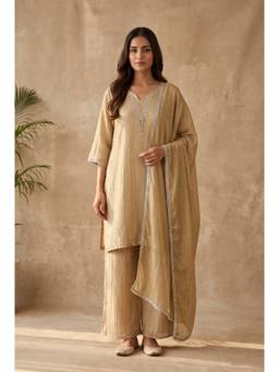 DEVRI - Zarmina Crush Tissue Silk Embroidered Gold Kurta with Palazzo and Dupatta