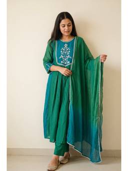 DEVRI - Zarreen Pure Mul Chanderi Embroidered Teal Green Kurta with Pant and Dupatta