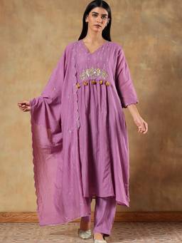 DEVRI - Mauve Suhaira Mul Cotton Anarkali with Pant and Dupatta