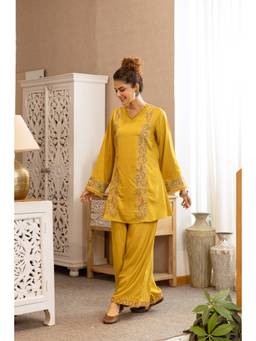 DEVRI - Mustard Aarohi German Rayon Embroidered Kurta with Palazzo