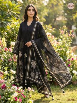 DEVRI - Black Meher Pure Cotton Printed Kurta with Pant and Dupatta