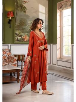 DEVRI - Rust Amara German Reyon Embroidered Kurta with Pant and Dupatta