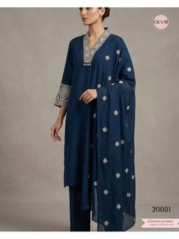 DEVRI - Naira Cotton Slub Embroidered Navy Blue Kurta with Pant and Dupatta