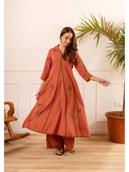 DEVRI - Brown Inara Cotton Embroidered Kurta with Palazzo