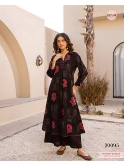 DEVRI - Black Inika Cotton Printed Kurta with Palazzo